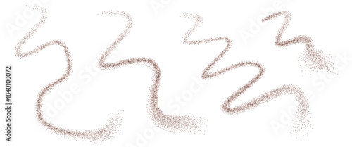 Coffee powder top view set. Grounded cocoa squiggles lines. Noise dark brown gradients fly curved shape. Grainy texture splash wavy long textured elements. Vector gritty wavy line isolate.