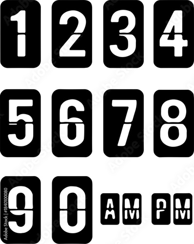 Vintage retro flip clock numbers set with AM PM indicators icon collection.