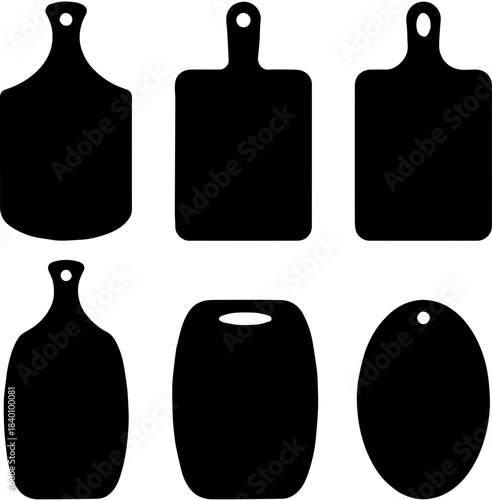 Collection of kitchen cutting board silhouettes, various shapes of wooden chopping boards.