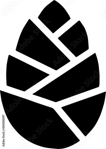 A modern, geometric solid black silhouette of a pinecone.