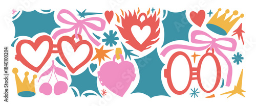 Coquette couple heart lockets paper cutout. Colorful silhouette frame for text or photo with bang callout. Hand drawn sticker with crown, star, bow with elements. Vector Valentine illustration no bg.