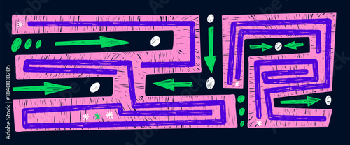 Abstract geometric pattern crayon colorful drawn. Maze naive scribble background. labyrinth tribal ornament decorative backdrop. Naive chalk pastel rectangles figures. Vector bg horizontal.