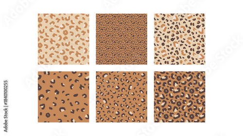 Monochrome animal seamless pattern print collection. Leopard backgrounds set. Vector seamless bg. Camo colors animal panther cheetah mini patterns. Modern ornaments. Brown beige spotty wallpapers.