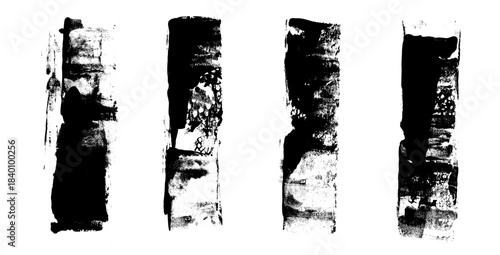 Straight paint black roller grunge underlines. Linocut rolled brush stroke set. Vector black paint lines shapes. Dry marker or brayer smear textures. Distressed figures isolated no background.