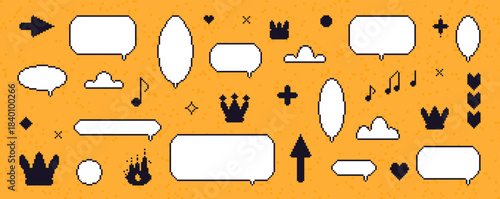 Pixel dialogue boxes set. 8 bit y2k speech bubbles set. Game pixel art chat text boxes with crown, music note, arrows. Vector talk frames balloons messages set isolated halftone bg.