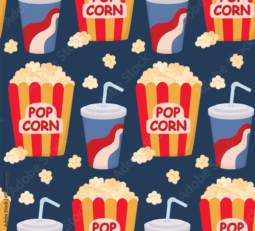 Seamless pattern with striped popcorn container and paper cup with straw. Cinema and holiday blue background 