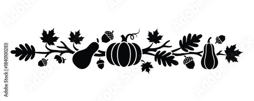Black silhouette of a decorative autumn border with pumpkins and leaves autumn, fall