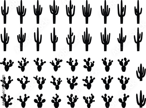 Monochrome Desert Cactus and Succulent Icons Collection Black Silhouette Saguaro and Prickly Pear Plant Symbols for Modern Graphic Design and Pattern Elements.