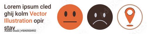 Emotional states, geolocation, user feedback, customer satisfaction, survey, navigation. Two expressive faces and a location pin on white background. Emotional states and geolocation concepts