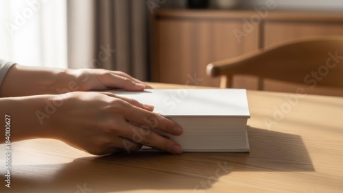 hands carefully turning a thick hardcover book on a wooden table in a cozy room