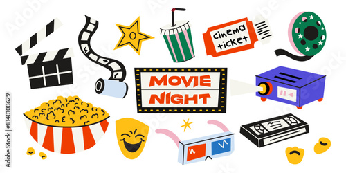 Cartoon cinema stickers set in retro doodle style. Popcorn, cinema ticket, film reel, cassette, projector. Funky groovy movie elements for labels, tags, patches. Vector illustrations