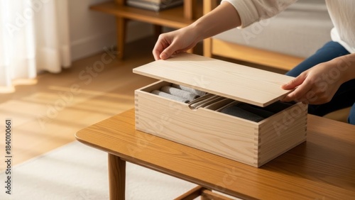 Person organizing a wooden storage box filled with various items on a living
