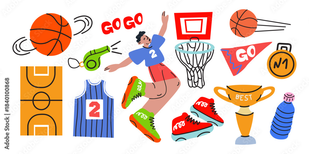 Fototapeta premium Basketball stickers in cartoon retro style. Sports equipment, ball, water bottle, basketball court, sneakers, basketball player, trophy, jersey. Sports groovy elements. Healthy lifestyle concept