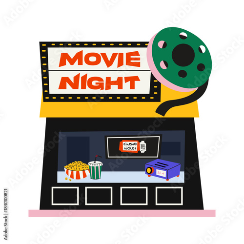 Cinema building in cartoon groovy style with decorations, signboard, film reel, projector, snacks for the movie. Modern cinema outside interior vector illustration isolated