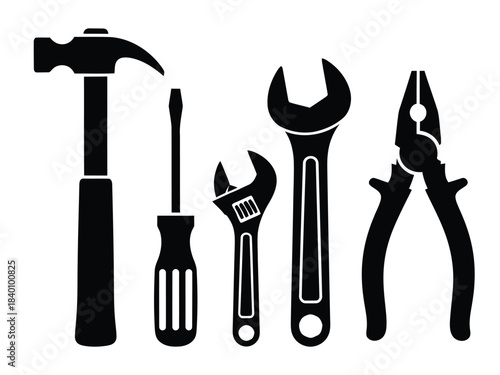 Black silhouette of various hand tools on white background