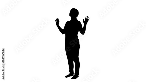 Silhouette of a person looking up with hands raised.