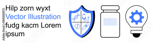 Healthcare, medical research, innovation, technology, vaccine development, safety. Shield with medical icons, vaccine vial lightbulb with gear symbol. Healthcare and medical research theme