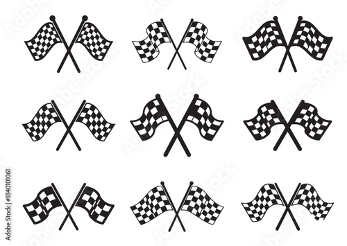 Set of Two crossed checkered Flag NASCAR Racing flag icon, Two crossed checkered Flag NASCAR Racing flag Black silhouette vector
