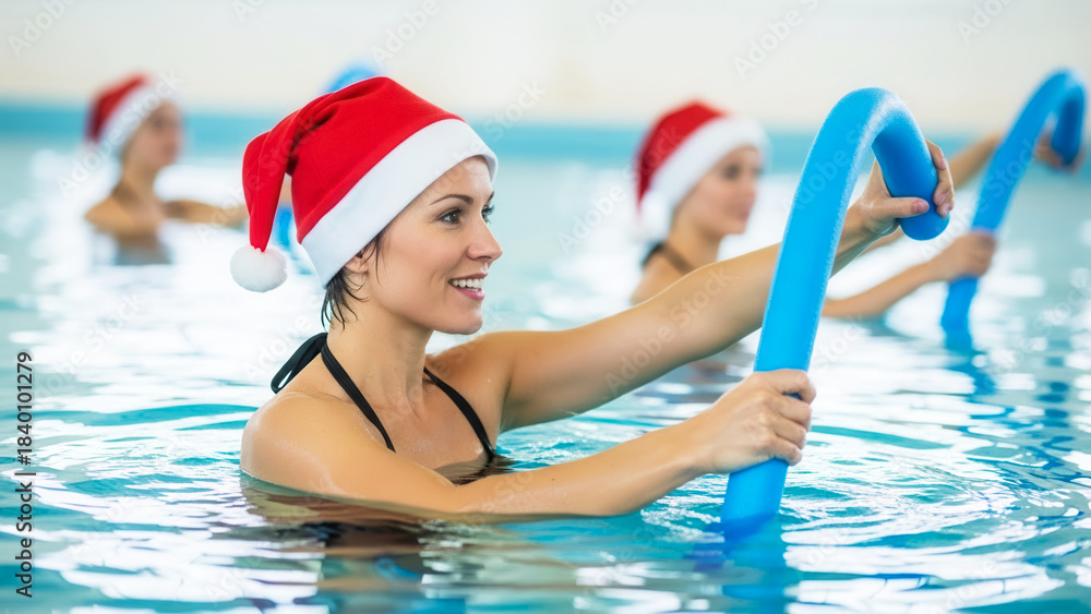 Fototapeta premium Caucasian female guiding aqua-aerobics with Santa hat, holiday fitness and wellness class