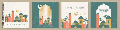Ramadan and Eid greeting cards background with copy space,Eid Al-Fitr Mubarak, Ramadan Kareem, Islamic Style Greeting Background Collection with Arabic Ornaments in Modern design with geometric shape.
