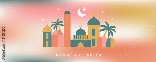 Ramadan and Eid greeting cards background with copy space,Eid Al-Fitr Mubarak, Ramadan Kareem, Islamic Style Greeting Background Collection with Arabic Ornaments in Modern design with geometric shape.