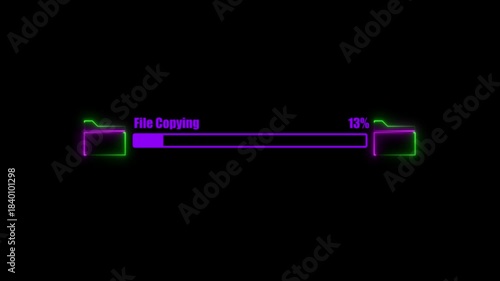  Abstract glowing neon document file copying 25 from 0% animation. on black background. red and blue color..