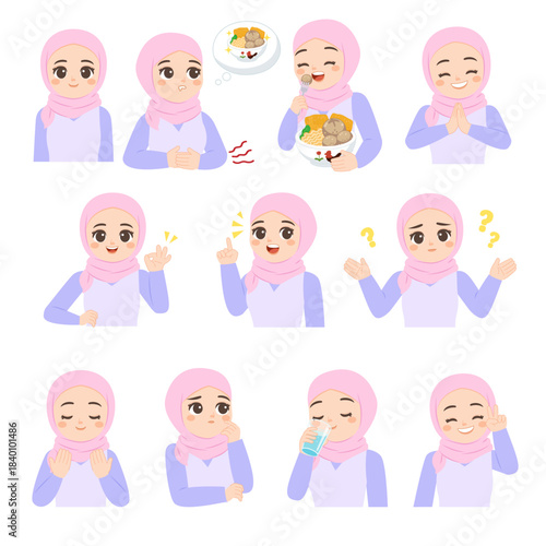 Cute hijab woman character daily life poses, eating food, thinking, confused, happy.