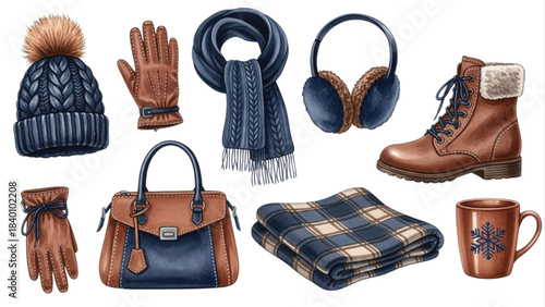 Winter Fashion Accessories Clipart Set with Knit Hat, Scarf, Gloves, Boots, Ear Muffs, Plaid Blanket, Handbag and Mug, Watercolor Illustration