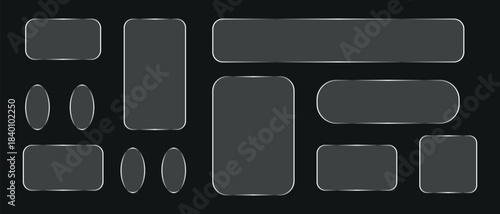 Modern glassmorphism UI elements. Collection of shiny, translucent rectangles, ovals, and buttons with elegant reflective borders. Great for contemporary UI, web, app design.