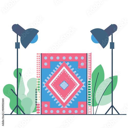 Vibrant geometric patterned rug showcased under studio softbox lighting for product display