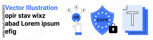 Data privacy, HR tools, GDPR compliance, security protocols, information management, document workflow. Hand points to HR icon, shield with GDPR stars lock documents. HR tools and GDPR compliance