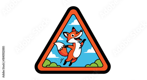 Cartoon Fox Smiling and Jumping Inside a Geometric Shape with a Triangle Frame