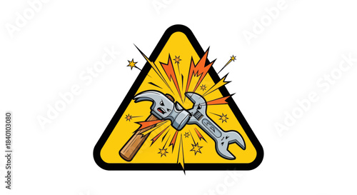 Cartoon Illustration Depicting Tools and A Warning Sign, Good For Construction Projects