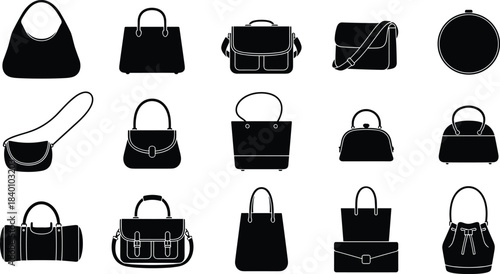 Handbag silhouette icons, fashion accessories, purse styles, tote, clutch, satchel, crossbody, duffel, vector set, black shapes, stylish design, retail