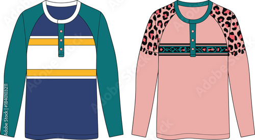 Henley shirt design, color block, leopard print, casual fashion, long sleeve, neckline style, cad drawing flat vector illustration