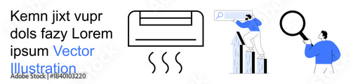Climate control, data analysis, digital marketing, research, business growth, exploration. Air conditioner, man analyzing data charts magnifying glass character. Climate control and data analysis
