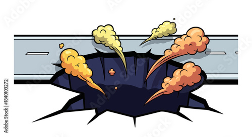 Cartoon Illustration Showing Destruction on Pavement Creating A Massive Hole