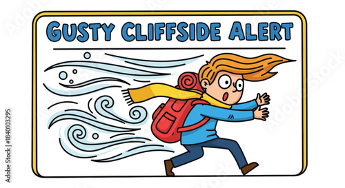 Cartoon Illustration: Windy Cliffside Alert With Runaway Hiker Preparing For High Winds