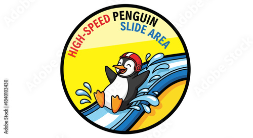 Cartoon Penguin Enjoying A Water Slide Inside A Circle Symbolizing Fun and Speed