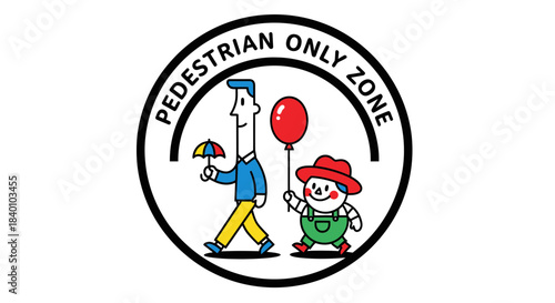 Cartoon Pedestrian Zone Sign Depicting Walking Figures and Signifying Restrictions