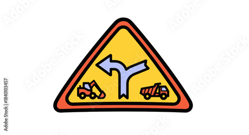 Warning Sign Indicating Construction Zone Ahead With Various Vehicles Engaged in Roadwork