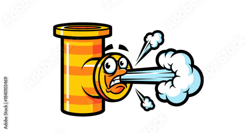 Cartoon Pipe Character Blowing Illustration, Emphasizing Pressure And Sudden Airflow