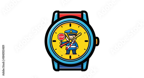 Cartoon Policeman Inside Watch Demonstrates Time Management Concept Neatly Designed
