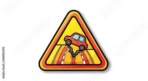 Warning Sign Indicating Damaged Road Surface Threatening Automotive Transportation Safety