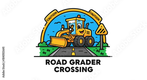 Cartoon Road Grader Driving Across the Road With Caution Signs for Safety.