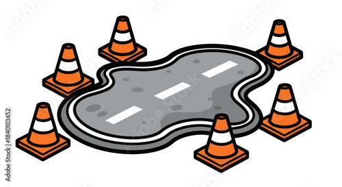 Cartoon Road Paved With Gray Tarmac Featuring Bright Orange Safety Traffic Cones Placed Around It