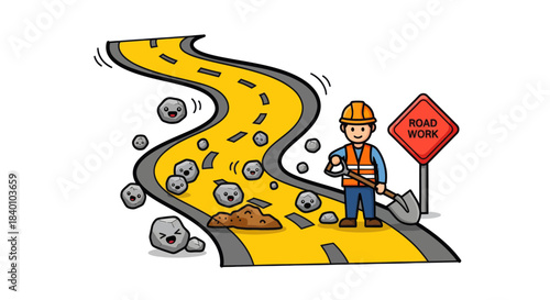 Cartoon Road Paved Construction Scene Featuring a Worker with a Shovel and Signs