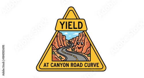 Cartoon Road Safety Signage Illustrating Canyon Road Curve Warning And Yield Advice