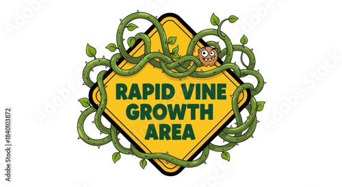 Cartoon Sign Denoting Zone With Fast Growing Vines and a Curious Creature