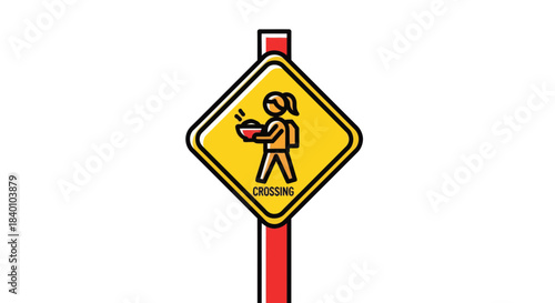 Warning Sign Indicating Pedestrian Crossing For Those Carrying Food Across Street